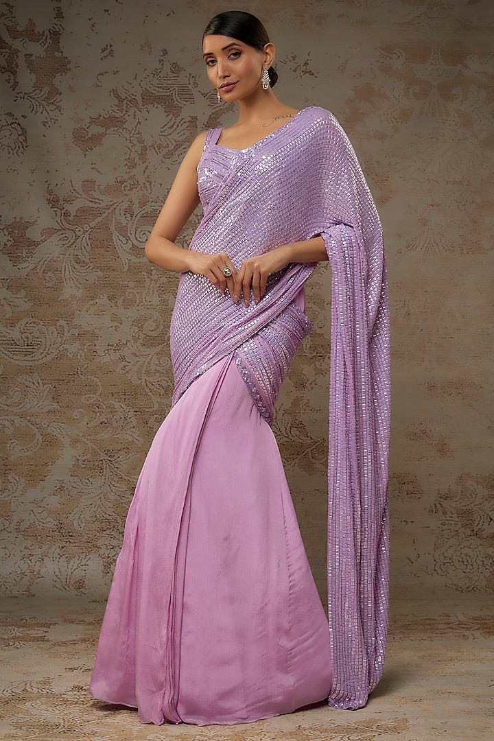 Lilac Chiffon Sequins Embroidered Textured Pre-Draped Saree Set by Shlok Design