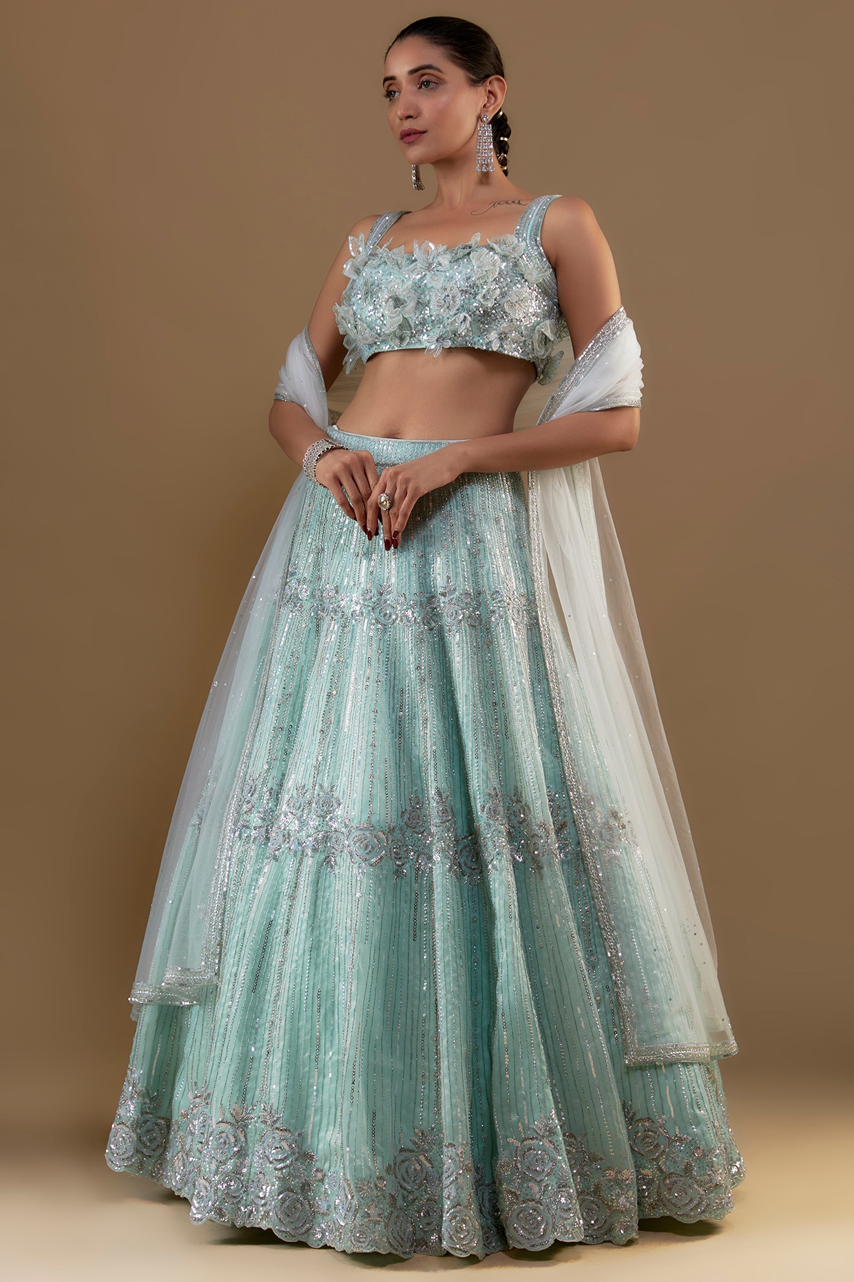 Buy Beige Silk Bridal Lehenga Set With Organza 3D Floral Embroidery