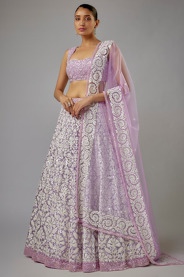Purple Net Sequins & Kashmiri Thread Embroidered Bridal Lehenga Set by Shlok Design at Pernia's Pop Up Shop