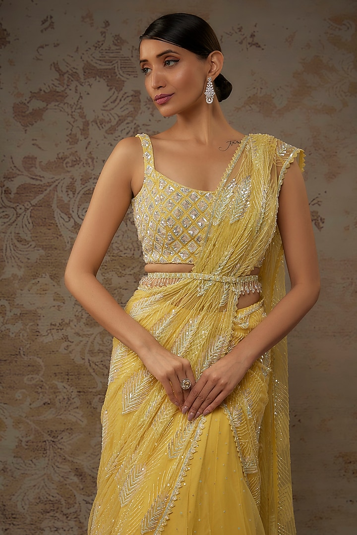 Yellow Net Cutdana Embroidered Pre-Draped Reception Lehenga Saree Set by Shlok Design at Pernia's Pop Up Shop