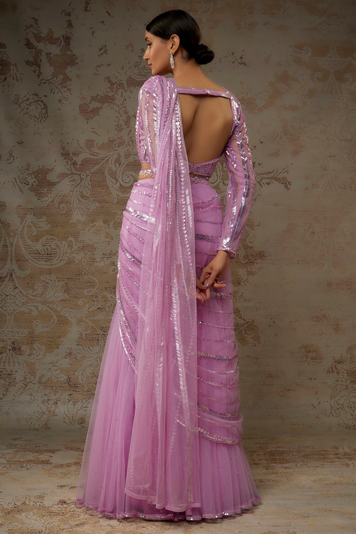 Shop Light Pink Pre Draped Chiffon Saree with Blouse Online in USA – Pure  Elegance