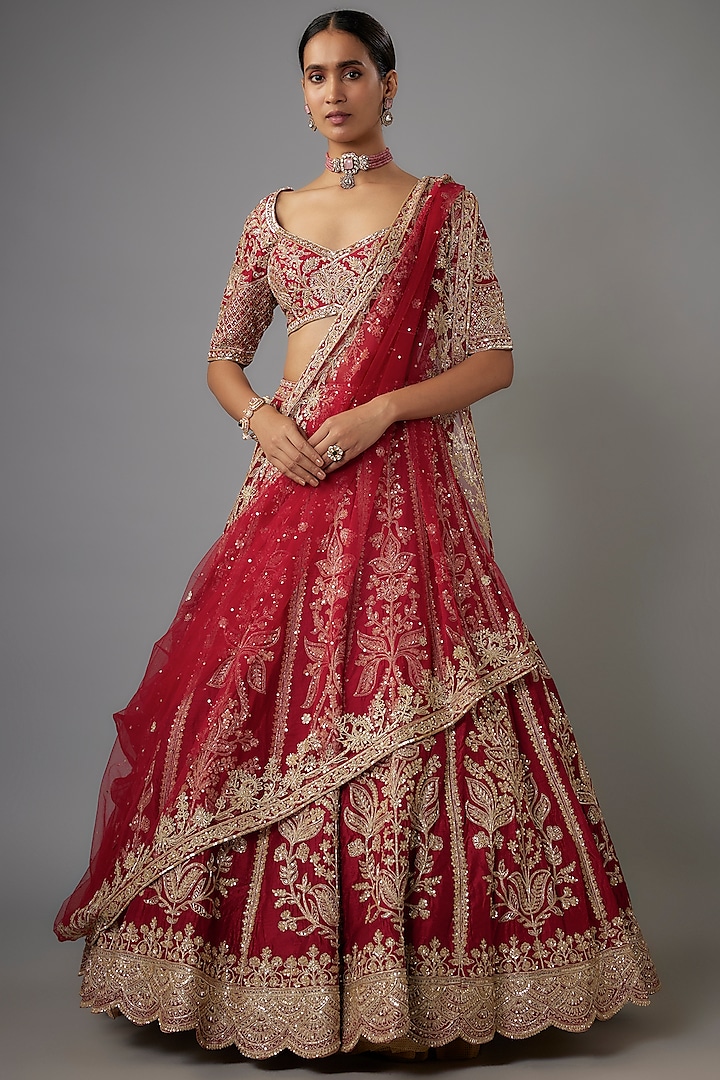 Red Dupion Zardosi & Kasab Embroidered Bridal Lehenga Set by Shlok Design at Pernia's Pop Up Shop