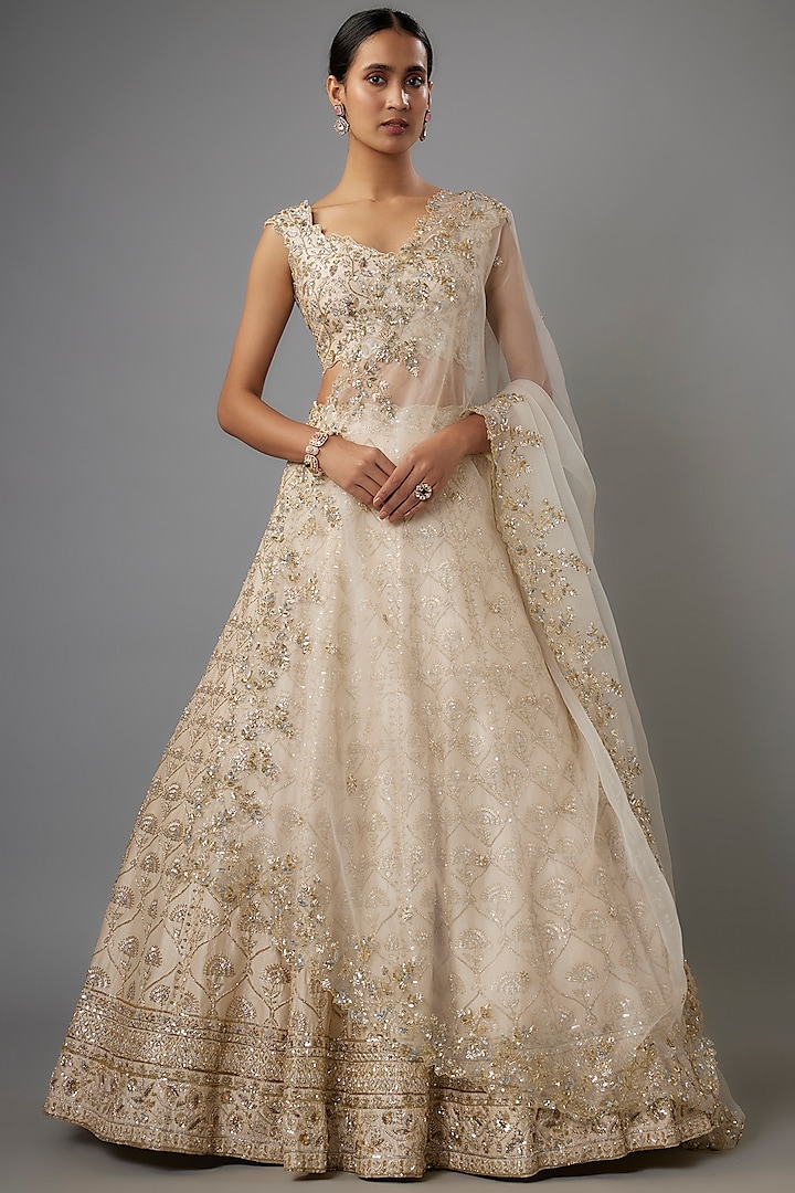 Ivory Dupion Zardosi & Boota Embroidered Bridal Lehenga Set by Shlok Design at Pernia's Pop Up Shop