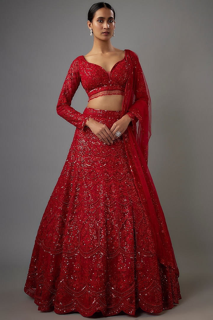 Red Net Sequins & Cutdana Embroidered Bridal Lehenga Set by Shlok Design at Pernia's Pop Up Shop