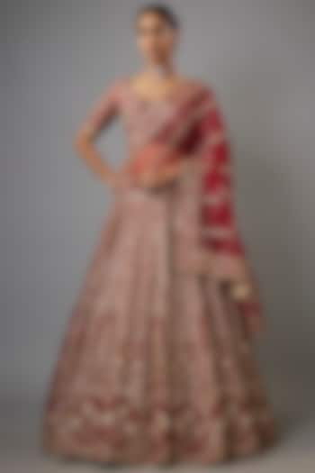 Red Dupion Zardosi & Kasab Embroidered Bridal Lehenga Set by Shlok Design at Pernia's Pop Up Shop