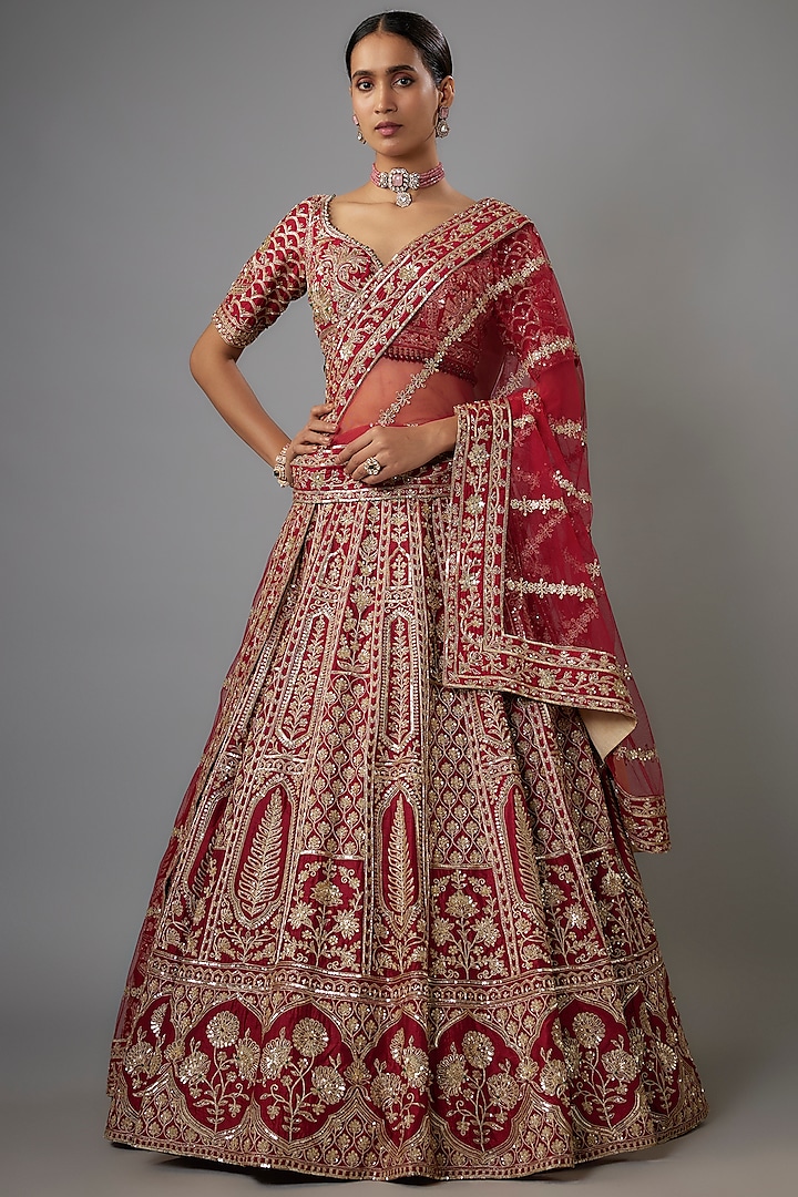 Red Dupion Zardosi & Kasab Embroidered Bridal Lehenga Set by Shlok Design at Pernia's Pop Up Shop