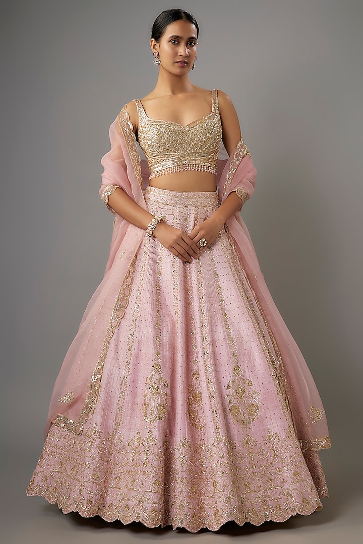 Pink Raw Silk Zardosi Embroidered Bridal Lehenga Set by Shlok Design at Pernia's Pop Up Shop