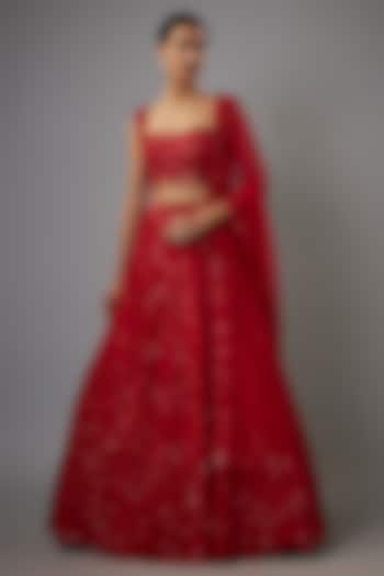 Red Net Sequins & Pearl Embroidered Wedding Lehenga Set by Shlok Design at Pernia's Pop Up Shop