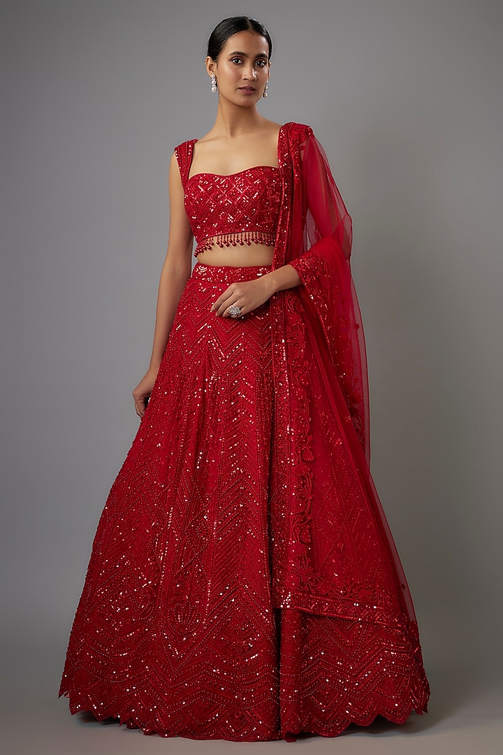 Red Net Sequins & Pearl Embroidered Wedding Lehenga Set by Shlok Design at Pernia's Pop Up Shop