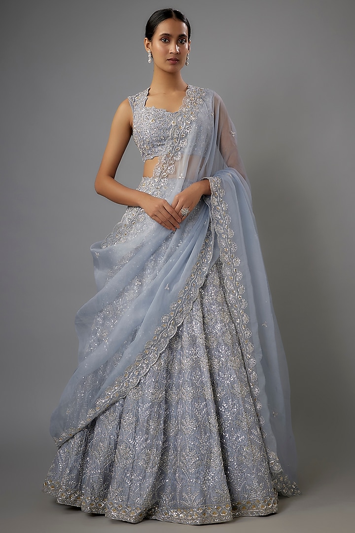 Blue Dupion Sequins & Zardosi Embroidered Bridal Lehenga Set by Shlok Design at Pernia's Pop Up Shop