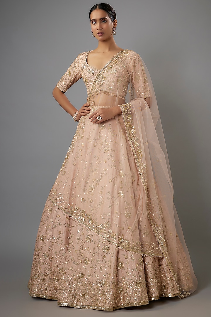 Peach Dupion Zardosi & Jaal Embroidered Bridal Lehenga Set by Shlok Design at Pernia's Pop Up Shop