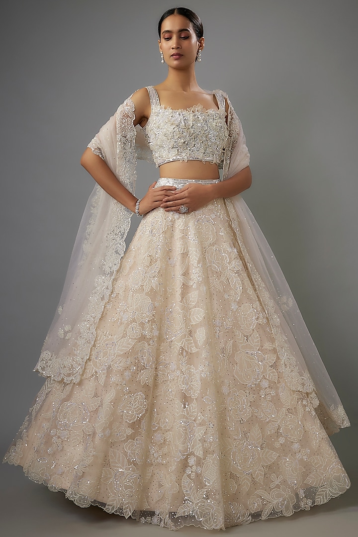 Ivory Organza Applique Embroidered Wedding Lehenga Set by Shlok Design at Pernia's Pop Up Shop