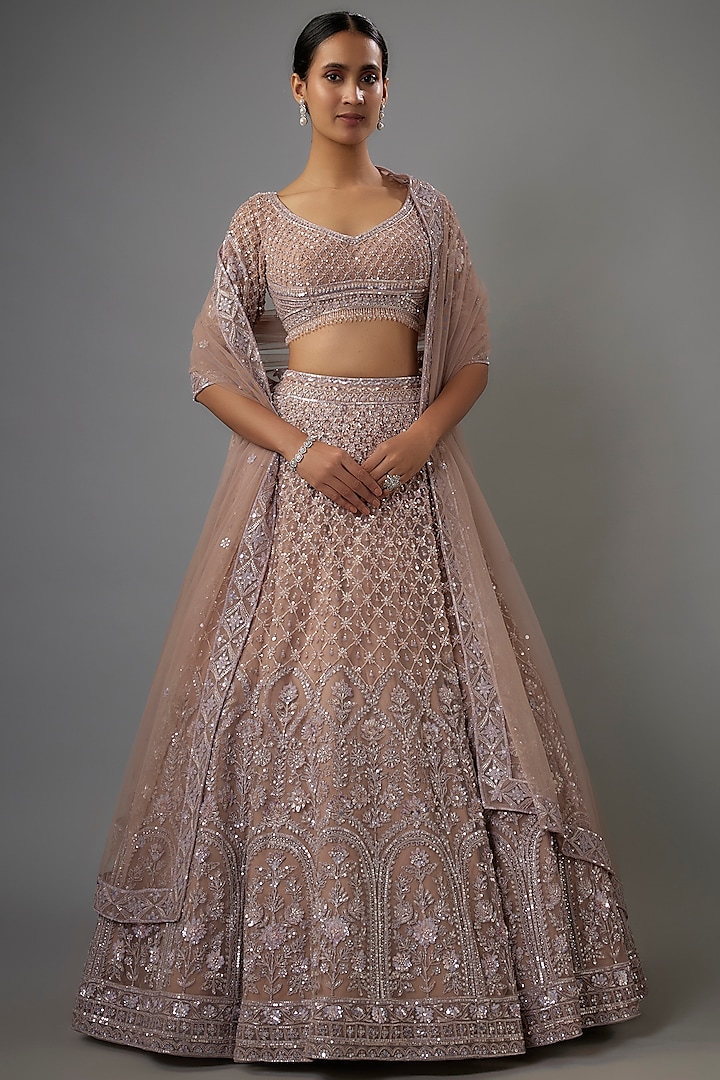 Beige Net Pearl & Resham Embroidered Bridal Lehenga Set by Shlok Design at Pernia's Pop Up Shop