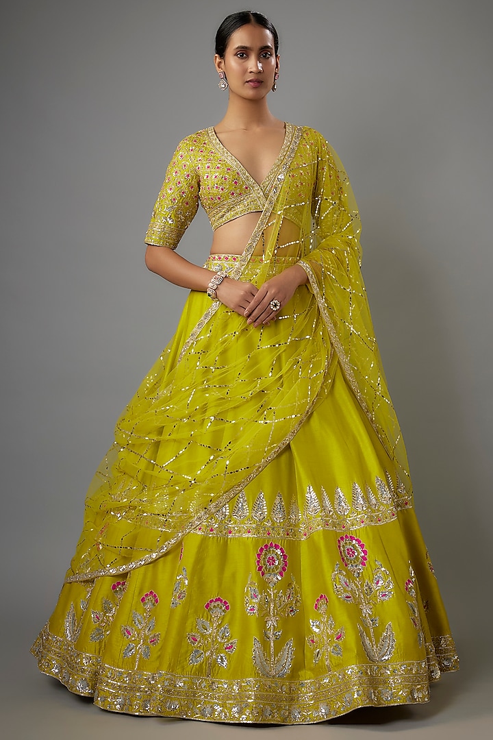 Bright Green Dupion Zardosi Hand Embroidered Wedding Lehenga Set by Shlok Design at Pernia's Pop Up Shop