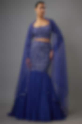 Cobalt Blue Net Sequins Embroidered Wedding Lehenga Set by Shlok Design at Pernia's Pop Up Shop