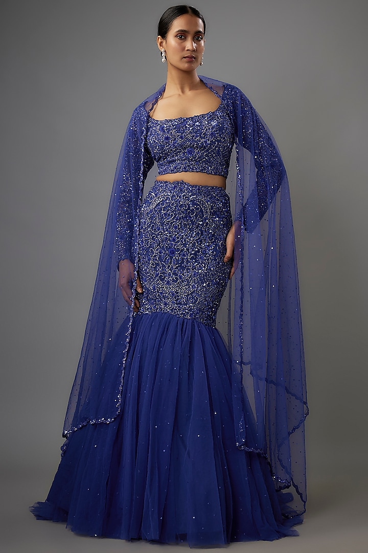 Cobalt Blue Net Sequins Embroidered Wedding Lehenga Set by Shlok Design at Pernia's Pop Up Shop