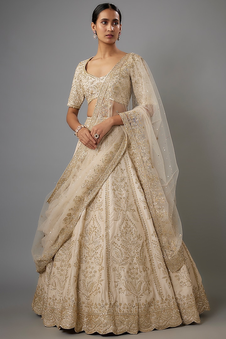 Ivory Dupion Cutdana & Zardosi Hand Embroidered Bridal Lehenga Set by Shlok Design at Pernia's Pop Up Shop