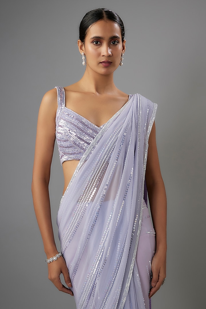 Purple Georgette Sequins Embroidered Reception Saree Set by Shlok Design at Pernia's Pop Up Shop