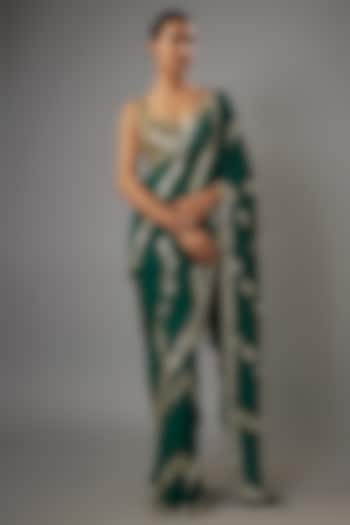 Emerald Green Georgette Sequins Embroidered Saree Set by Shlok Design at Pernia's Pop Up Shop