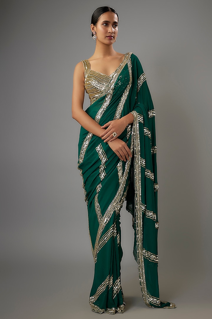 Emerald Green Georgette Sequins Embroidered Saree Set by Shlok Design at Pernia's Pop Up Shop