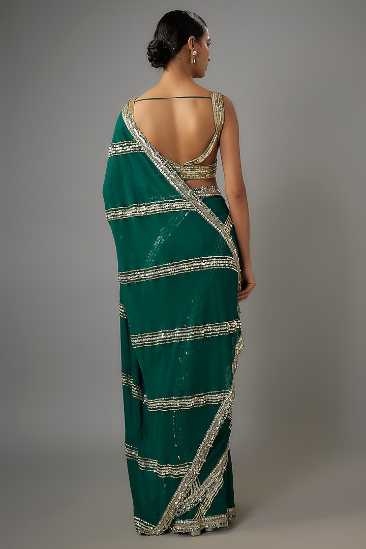 Emerald Green Georgette Sequins Embroidered Wedding Saree Set by Shlok Design at Pernia's Pop Up Shop