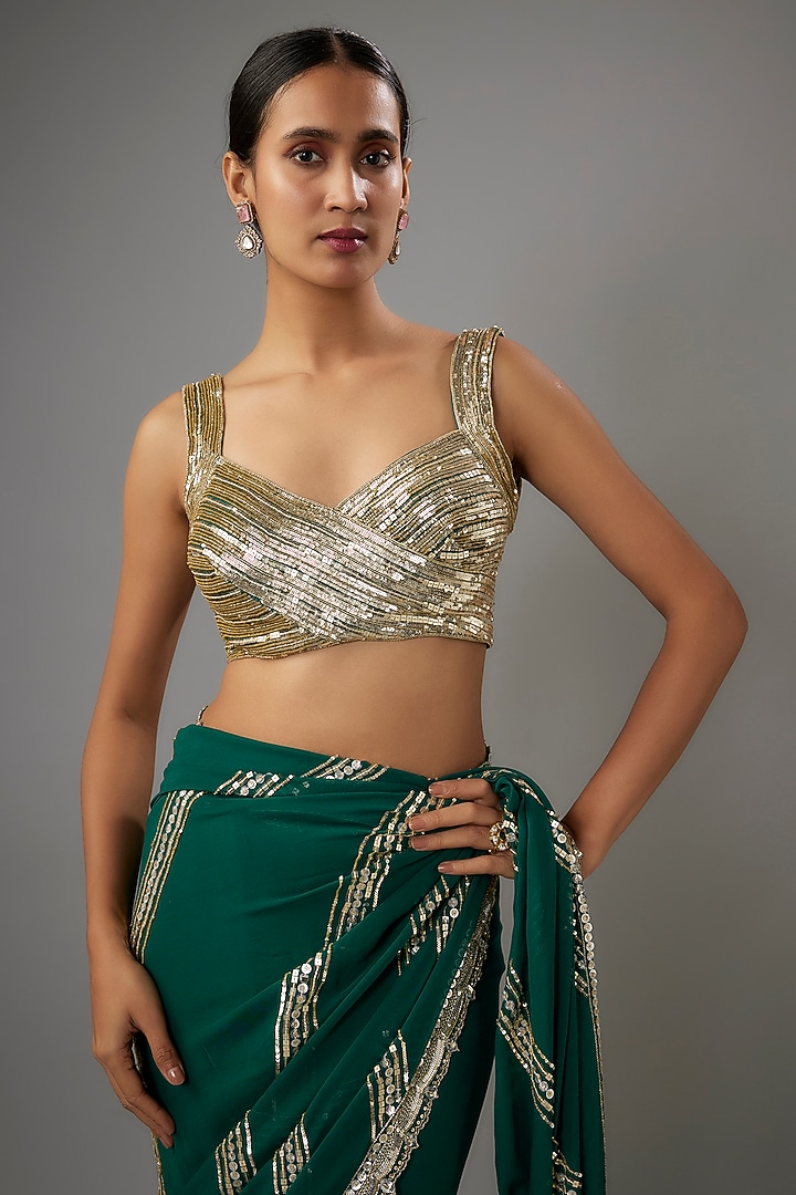 Emerald Green Georgette Sequins Embroidered Wedding Saree Set by Shlok Design at Pernia's Pop Up Shop
