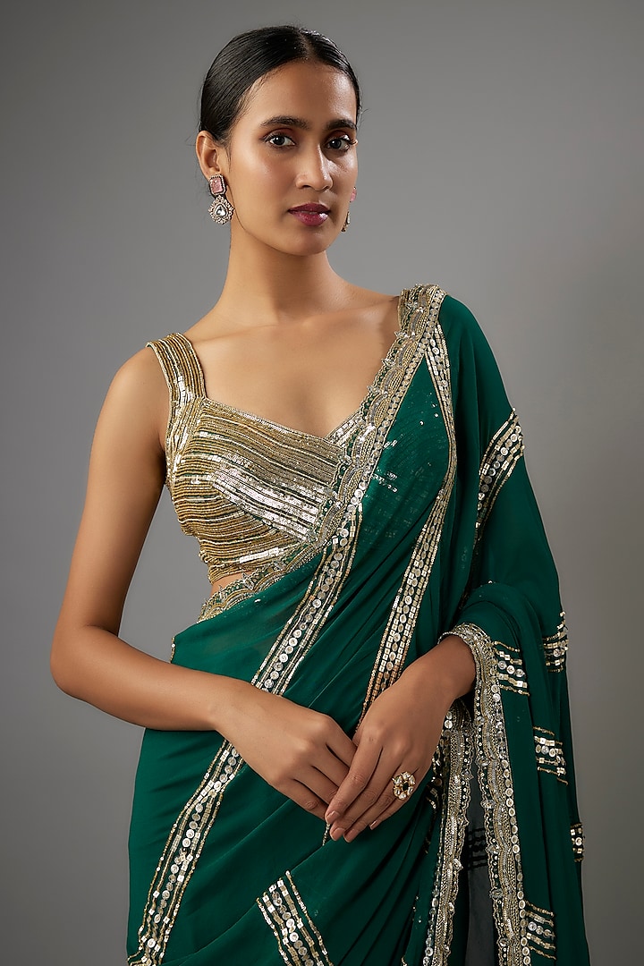 Emerald Green Georgette Sequins Embroidered Wedding Saree Set by Shlok Design at Pernia's Pop Up Shop