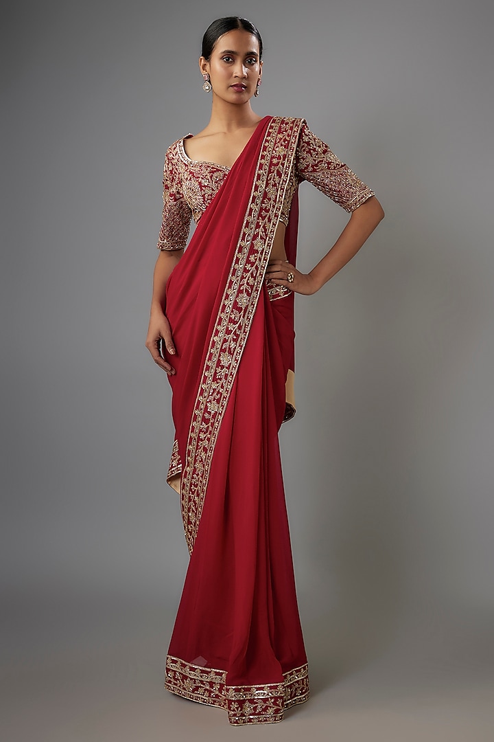 Red Georgette Zardosi Embroidered Saree Set by Shlok Design at Pernia's Pop Up Shop