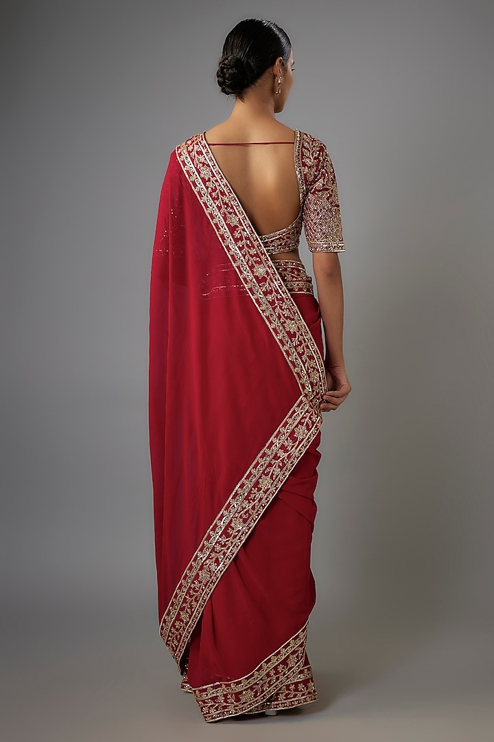 Red Georgette Zardosi Embroidered Reception Saree Set by Shlok Design at Pernia's Pop Up Shop