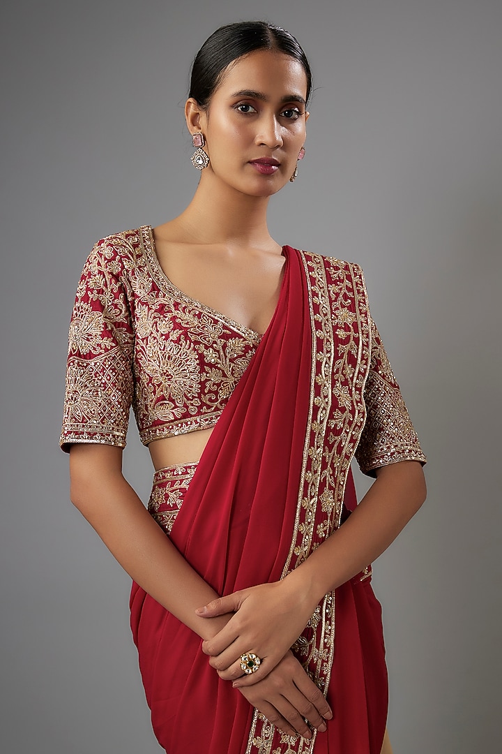 Red Georgette Zardosi Embroidered Reception Saree Set by Shlok Design at Pernia's Pop Up Shop