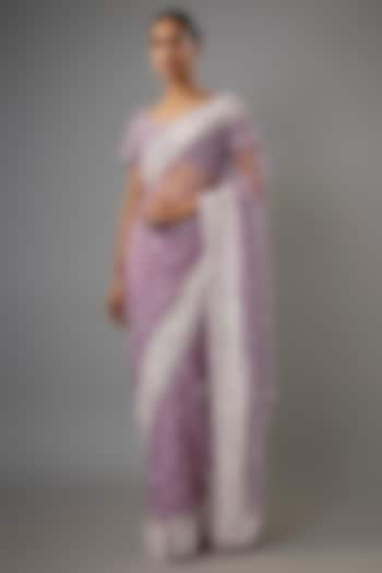 Purple Net Kashmiri & Thread Embroidered Saree Set by Shlok Design at Pernia's Pop Up Shop