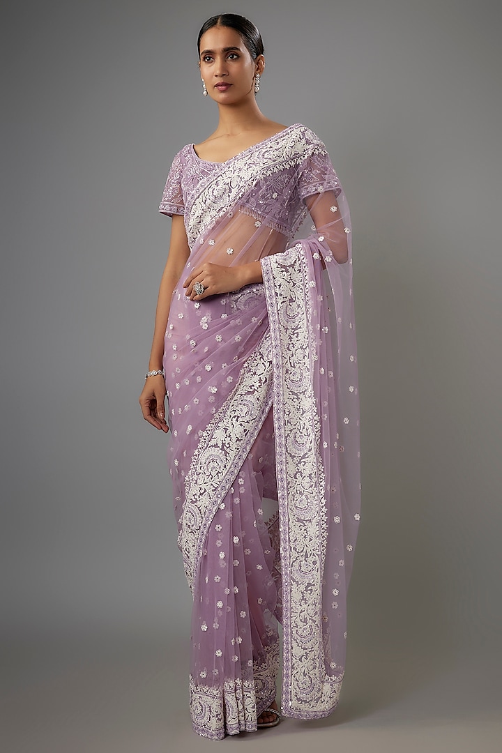 Purple Net Kashmiri & Thread Embroidered Saree Set by Shlok Design at Pernia's Pop Up Shop