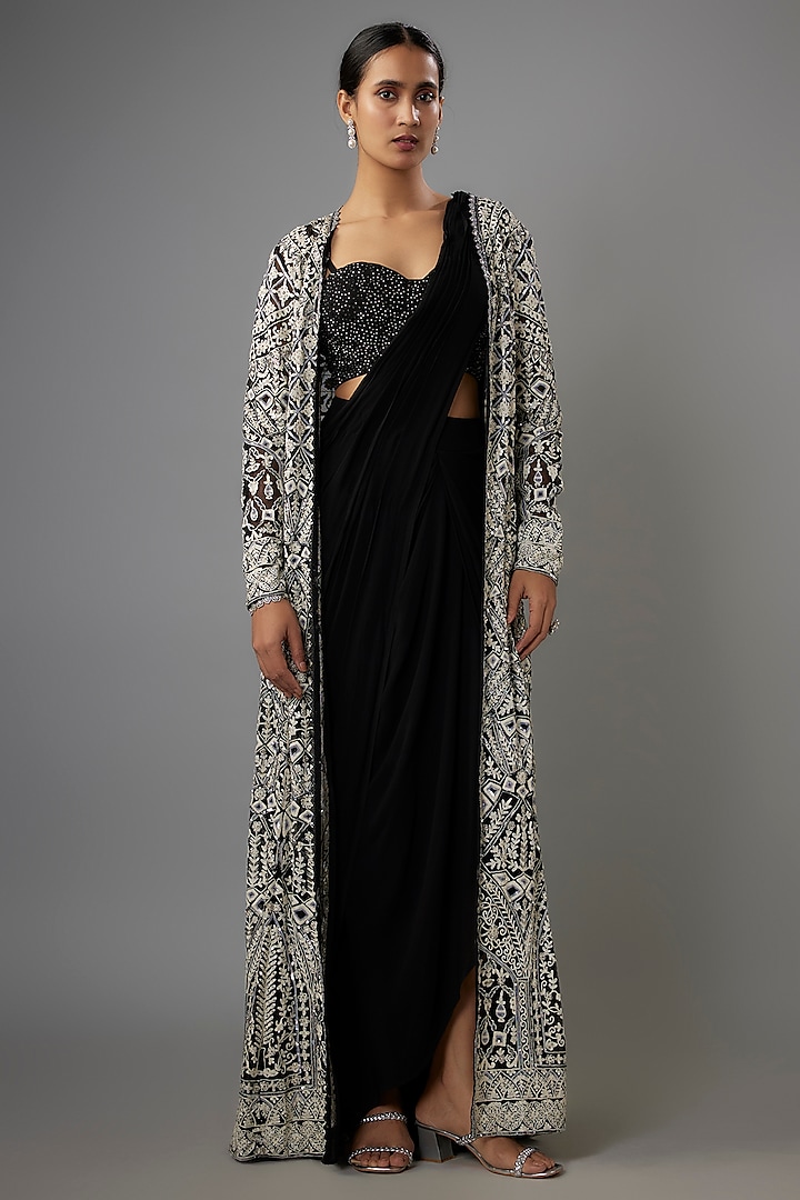 Black Georgette Kashmiri & Thread Embroidered Jacket Saree Set by Shlok Design at Pernia's Pop Up Shop