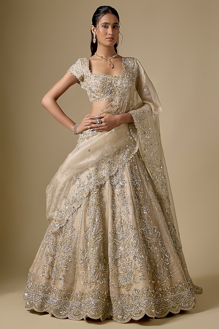 Gold Tissue Zardosi Hand Embroidered Bridal Lehenga Set by Shlok Design at Pernia's Pop Up Shop