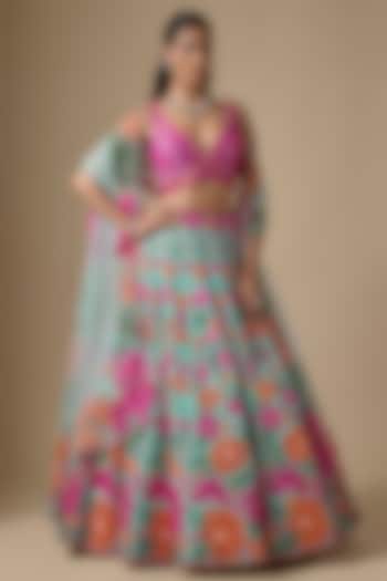 Green Net Sequin & Resham Embroidered Bridal Lehenga Set by Shlok Design at Pernia's Pop Up Shop