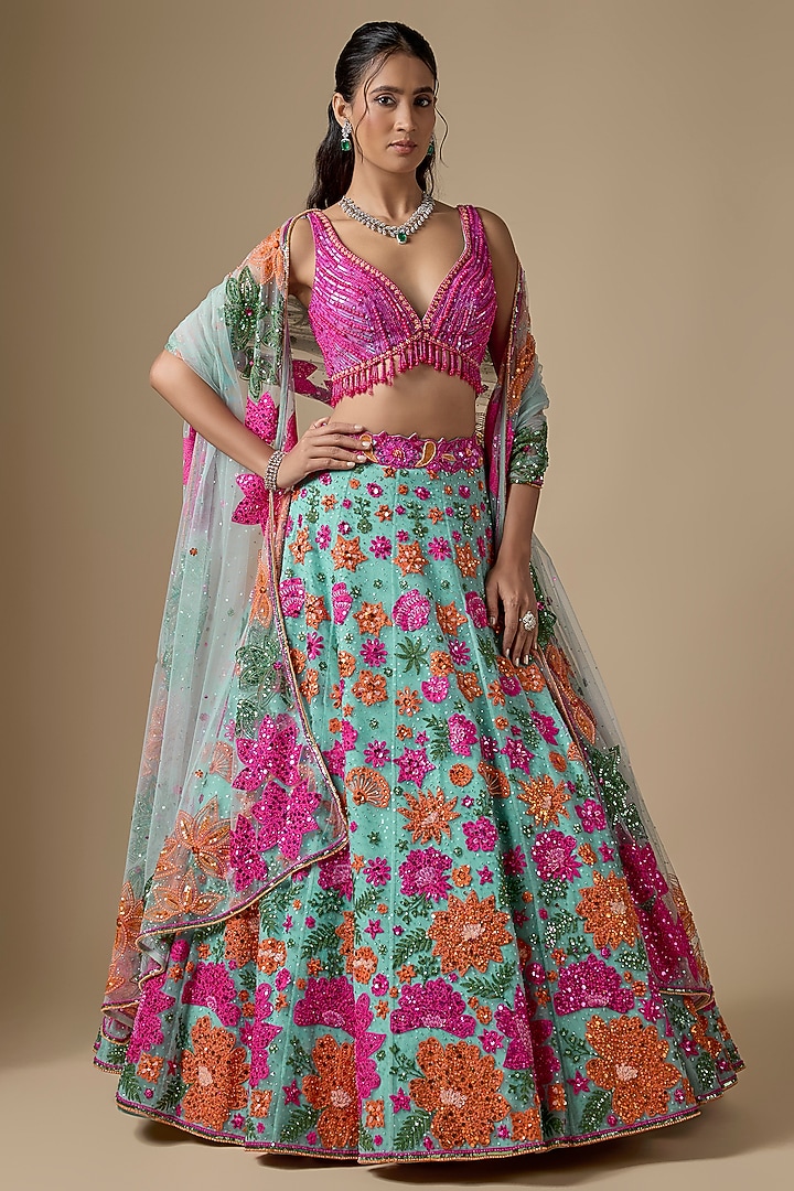Green Net Sequin & Resham Embroidered Bridal Lehenga Set by Shlok Design at Pernia's Pop Up Shop