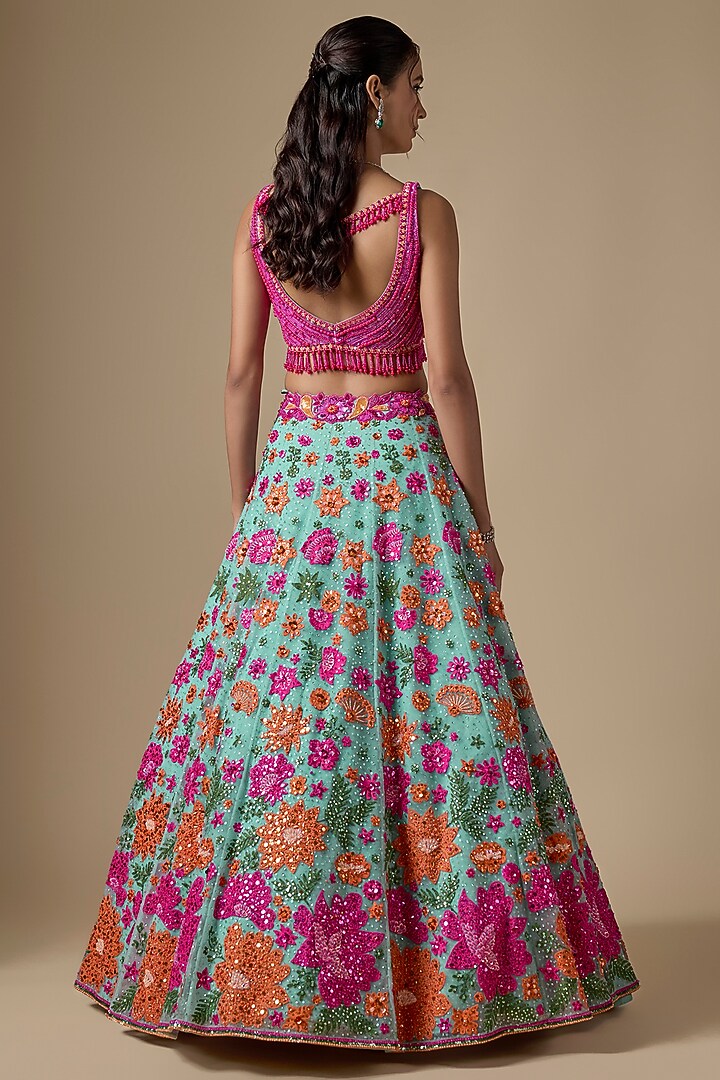 Green Net Sequin & Resham Embroidered Bridal Lehenga Set by Shlok Design at Pernia's Pop Up Shop