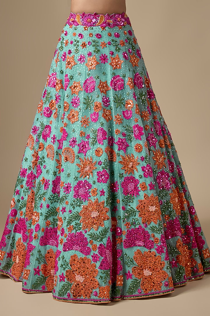 Green Net Sequin & Resham Embroidered Bridal Lehenga Set by Shlok Design at Pernia's Pop Up Shop