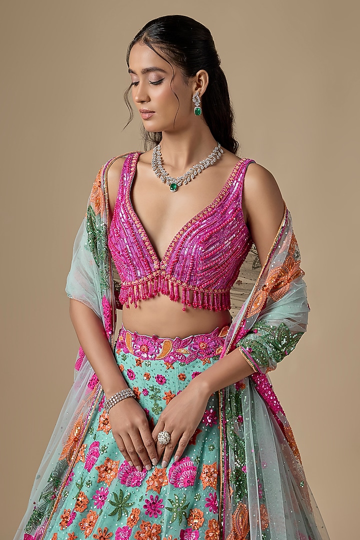 Green Net Sequin & Resham Embroidered Bridal Lehenga Set by Shlok Design at Pernia's Pop Up Shop