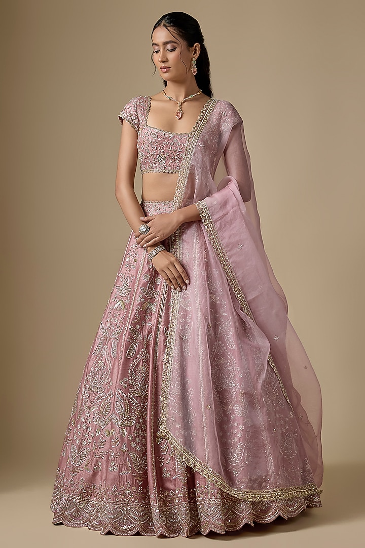 Pink Dupion Silk Nakshi Embroidered Handcrafted Bridal Lehenga Set by Shlok Design at Pernia's Pop Up Shop