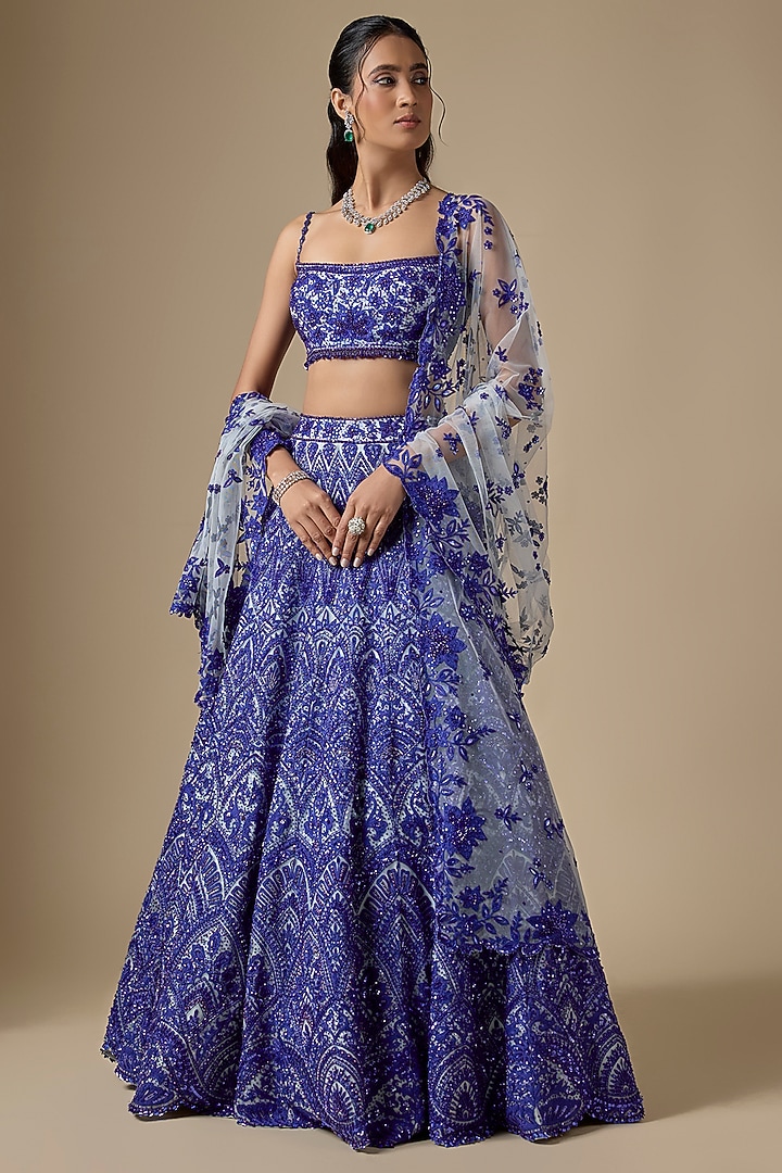 Blue Net Sequins & Cutdana Embroidered Bridal Lehenga Set by Shlok Design at Pernia's Pop Up Shop