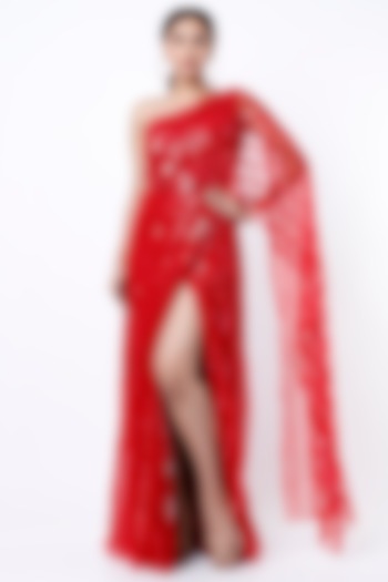Red Embroidered Draped Gown Saree With Belt by Shlok Design