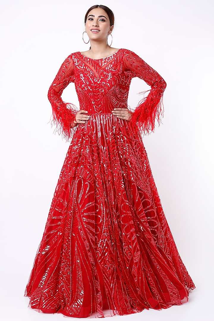 Red Embroidered Gown by Shlok Design
