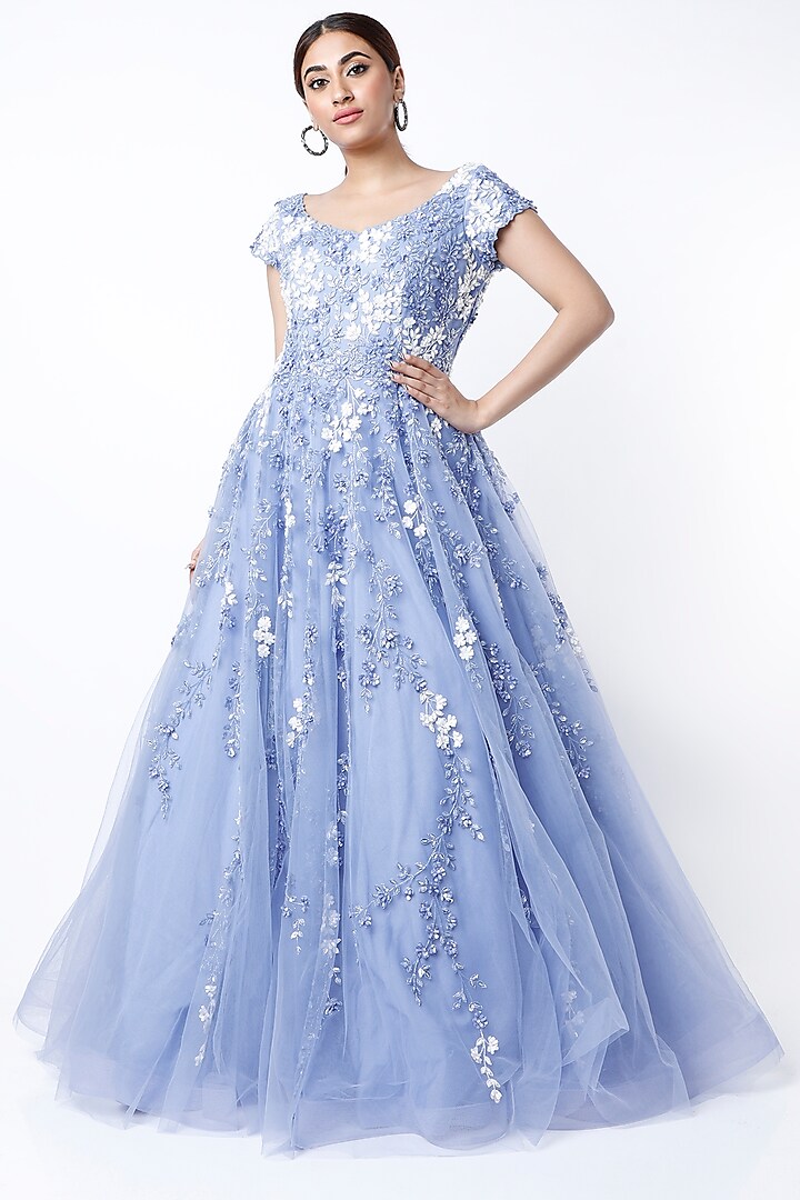 Sky Blue Embroidered Gown by Shlok Design