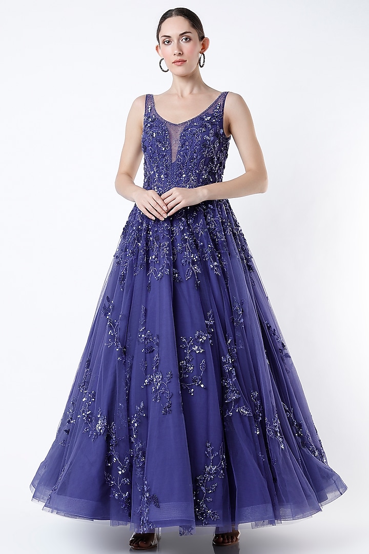 Purplish Blue Jaal Gown by Shlok Design