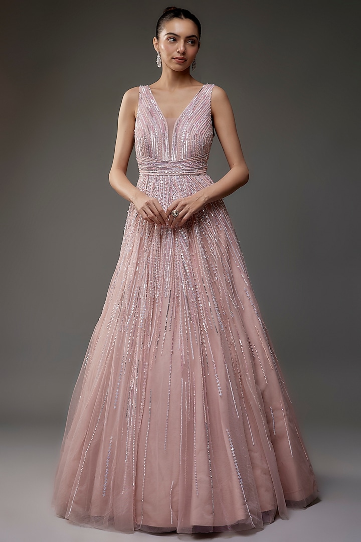 Pink Net Sequins Embroidered Gown by Shlok Design