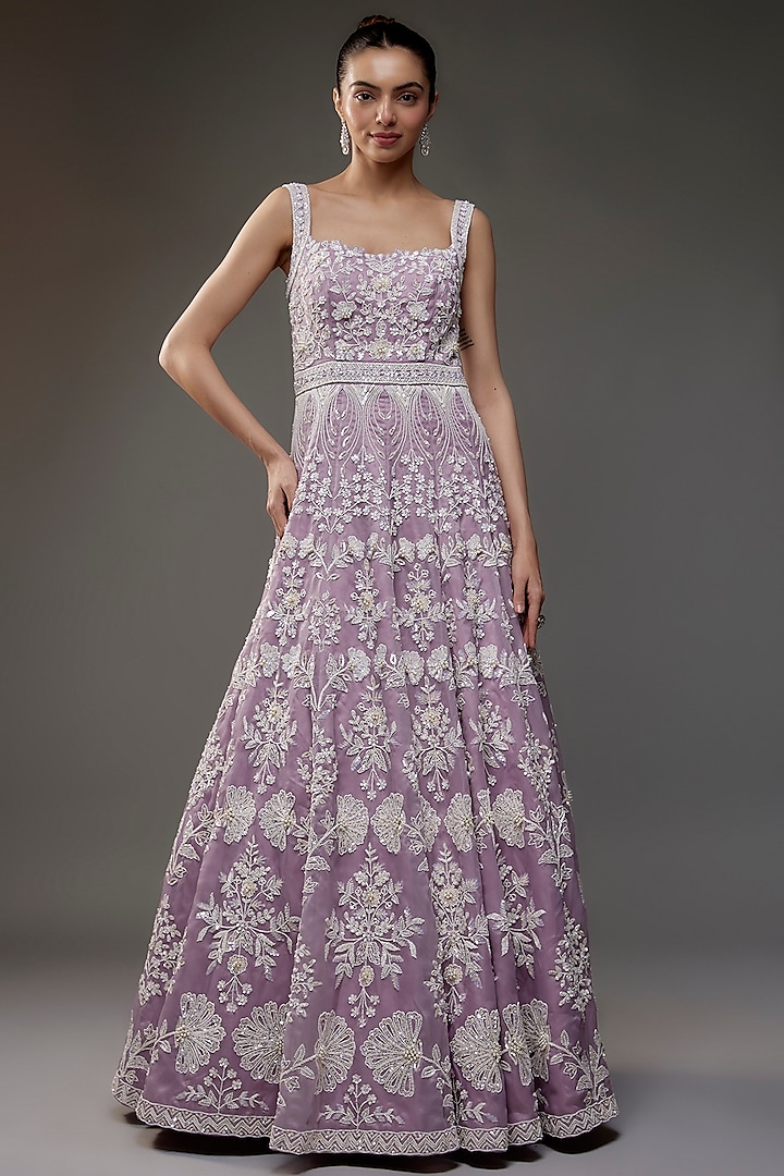 Purple Organza Sequins & Cutdana Embroidered Gown by Shlok Design