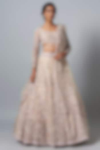 Ivory Net Pearl Embroidered Bridal Lehenga Set by Shlok Design at Pernia's Pop Up Shop