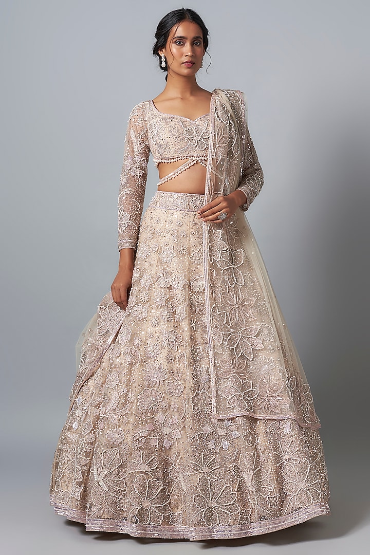 Ivory Net Pearl Embroidered Bridal Lehenga Set by Shlok Design at Pernia's Pop Up Shop