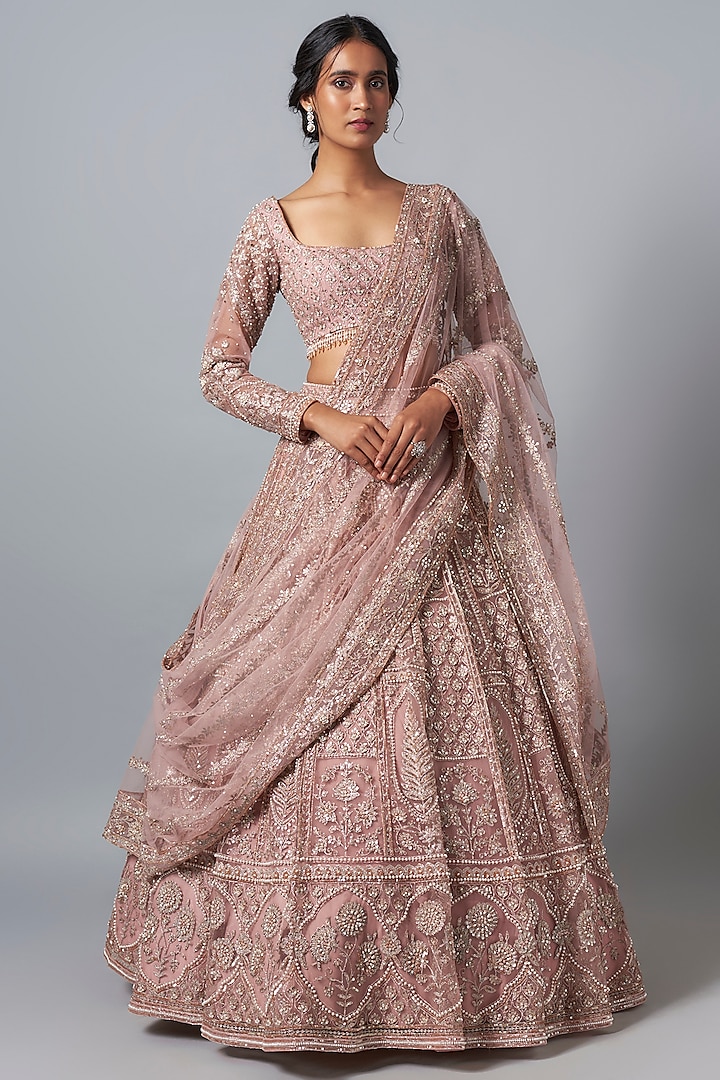 Pale Pink Net Pearl Embroidered Bridal Lehenga Set by Shlok Design at Pernia's Pop Up Shop